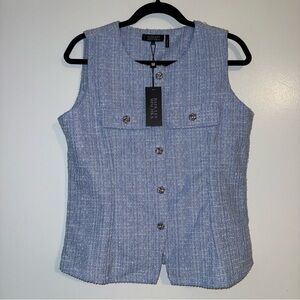 🆕 Badgley Mischka Tweed Vest Sleeveless Jacket Blue Metallic Buttons Size M
